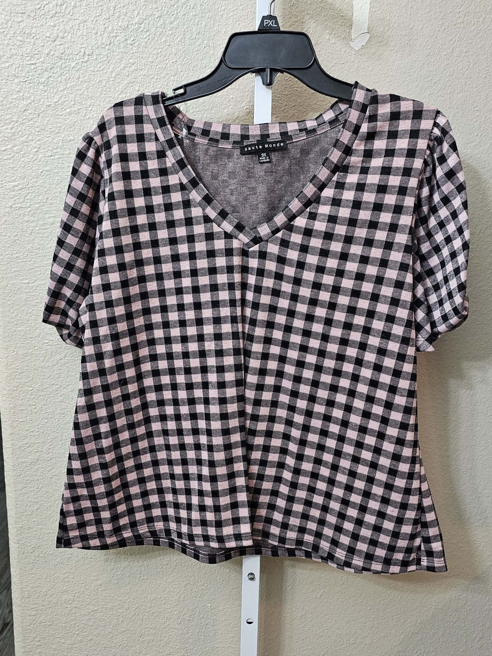 Haute Monde Pink and Black Check V-Neck Short Sleeve Top